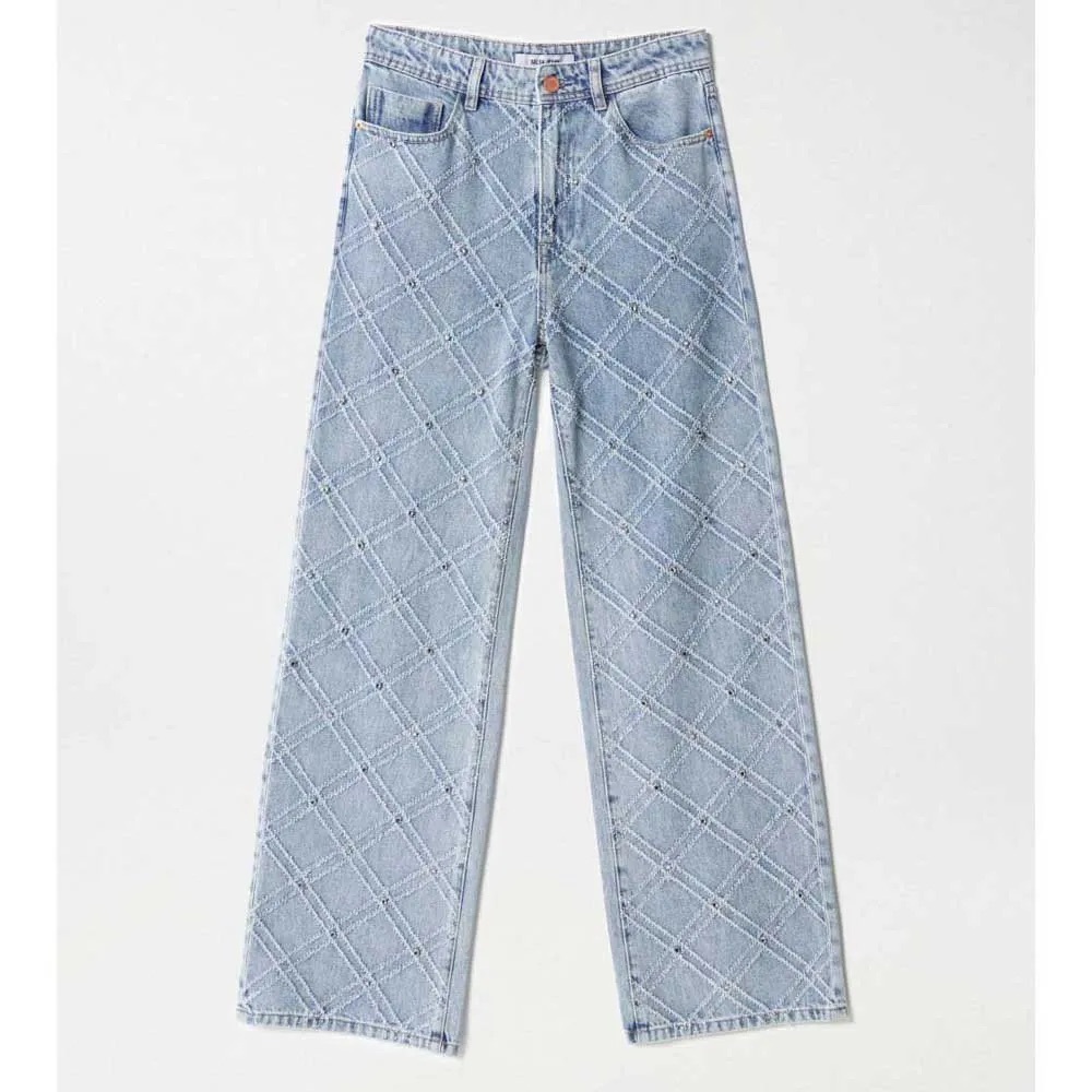 Salsa Jeans Crystal Embellished Wide High Rise Diamond Patterned Denim Pants